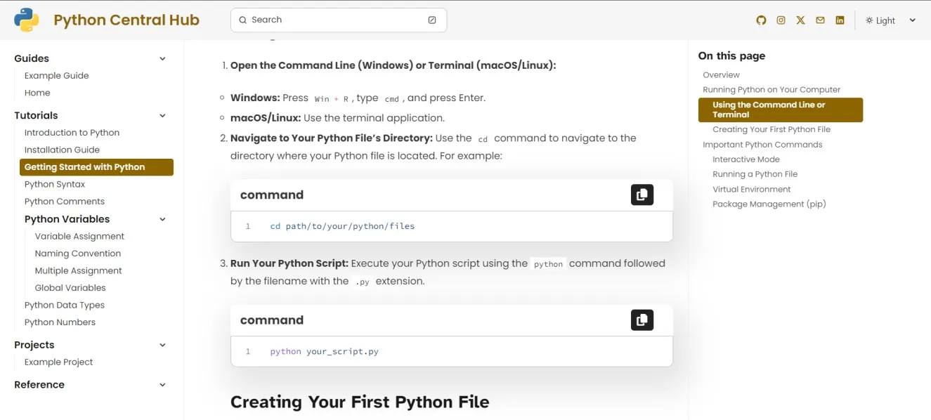 Python Central Hub Application Page Light Mode